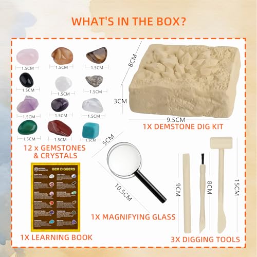 Gemstones Dig Kit Earth Science Kits for Kids Age 6-8-12-14, Birthstone Gemstone Dig Kit, Geology Kit with Break Your Own Geodes, Rock Mining Kit Birthday Gifts Toys for Boys Girls