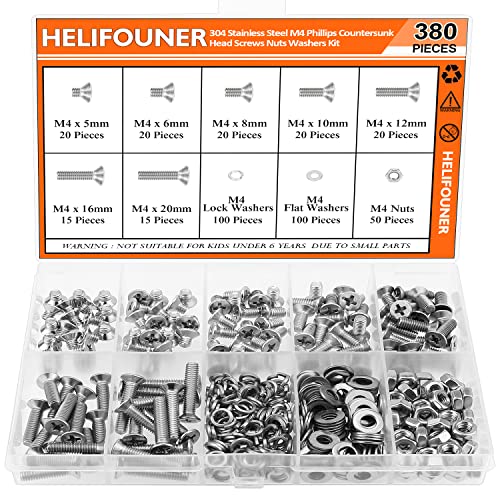 HELIFOUNER 380 Pieces M4 x 5mm /6mm /8mm /10mm /12mm /16mm /20mm, Phillips Countersunk Head Machine Screws, Metric Screws Bolts Washers Nuts Kit, 304 Stainless Steel - size: M4, style: Phillips Countersunk Head