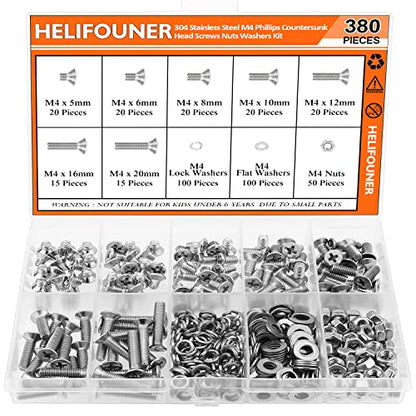 HELIFOUNER 380 Pieces M4 x 5mm /6mm /8mm /10mm /12mm /16mm /20mm, Phillips Countersunk Head Machine Screws, Metric Screws Bolts Washers Nuts Kit, 304 Stainless Steel - size: M4, style: Phillips Countersunk Head