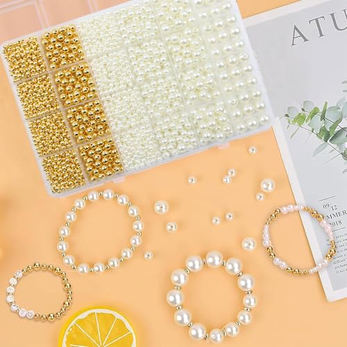 Hpebl Pearl Bracelet Beads Making Kit Gold Beads for Bracelets for Adult - color: 01-Gold & Off-White