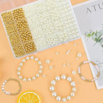 Hpebl Pearl Bracelet Beads Making Kit Gold Beads for Bracelets for Adult - color: 01-Gold & Off-White