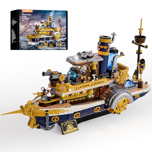 Lumibricks Steampunk Steamship Lighting Building Bricks Set - Steamboat Model Pirate Ship Destroyer Playset Collection Display kit with Minifigures 1792 Pcs for Adults & Teens & Steampunk Lovers