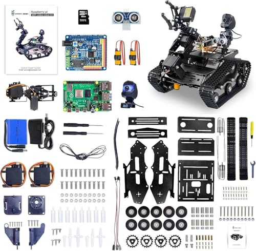Smart WiFi Robot Kit with Raspberry Pi 5, 4DOF Robotic Arm Track Tank Chassis Robot Car with 2DOF HD Camera Ultrasonic Infrared Sensor, Programmable AI Robot Kit for Adults & Teens (Black) - color: Black
