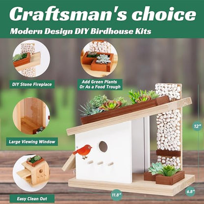 Modern Birdhouse Woodworking Kit, Build Your Own DIY Bird House Kit for Kids and Adults, DIY Woodcraft Building Projects with Paint Set - style: Modern