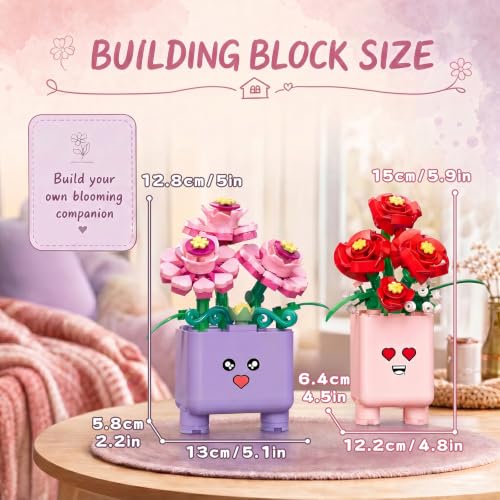 Botanicals Happy Plants Building Sets | 2 Cute Happy Plants Flowers Set, Succulents Botanical Collection for Home Office Décor, Gift for Women Wife Mom(244Pcs) - style: Purple and Pink