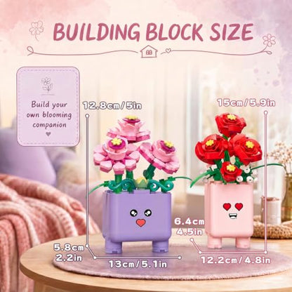 Botanicals Happy Plants Building Sets | 2 Cute Happy Plants Flowers Set, Succulents Botanical Collection for Home Office Décor, Gift for Women Wife Mom(244Pcs) - style: Purple and Pink