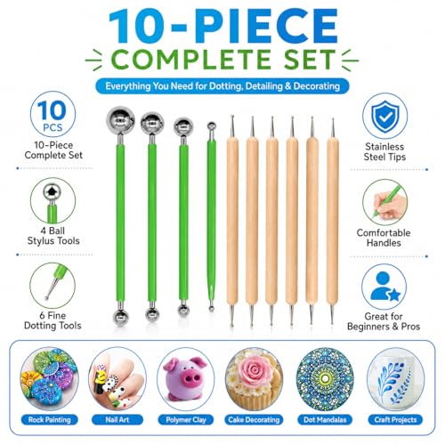 ABenkle 10Pcs Dotting Tools Ball Styluses for Rock Painting, Pottery Clay Modeling Embossing Art Mandala - color: Green
