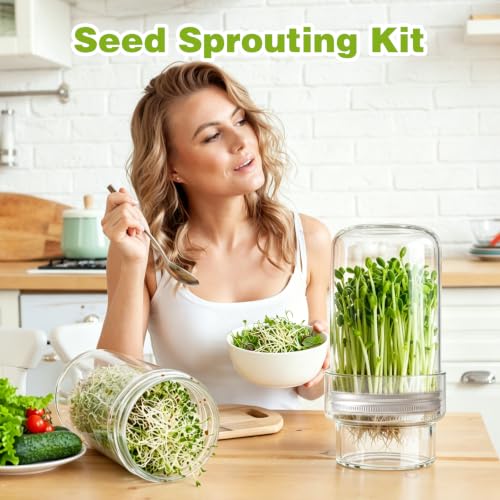 Sprouting Jar Kit, 2 Wide Mouth Sprouting Jar with Stainless Steel Screen Sprout Lids, Blackout Sleeves, Drain Cover, Sprouts Growing Kit for Broccoli, Mung Beans, Alfalfa & Microgreens