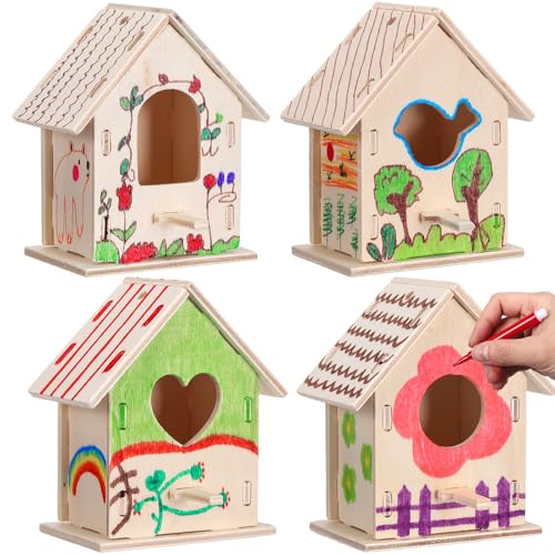 Outus 24 Pcs Wooden Birdhouse Kits for Kids, 4 Shapes Unfinished, Lovely - style: Lovely