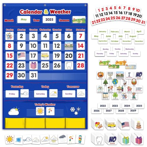 Calendar and Weather Pocket Chart, Classroom Organized Chart, 149 Pieces - color: Blue