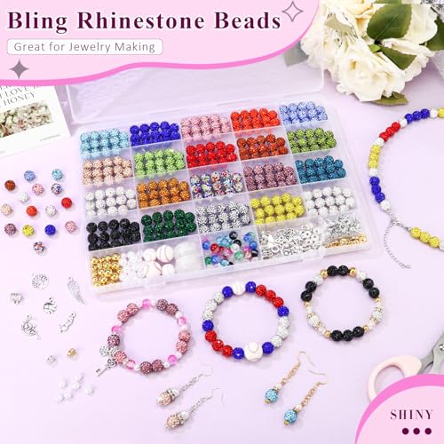 Dowarm 480PCS 10mm Rhinestone Beads Kit for Jewelry Making Baseball Necklace Friendship Bracelet, Round Disco Ball Rhinestone Clay Beading Set with Crackle Spacer Beads Charms for DIY Crafting - color: Mix 20 Colors