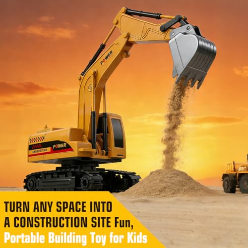 RC Excavator Toy, 6-Channel Remote Control Excavator with Metal Shovel & Lights, 360° Rotation Mini Excavator, RC Construction Vehicles Digger Toy for Boys 3-8