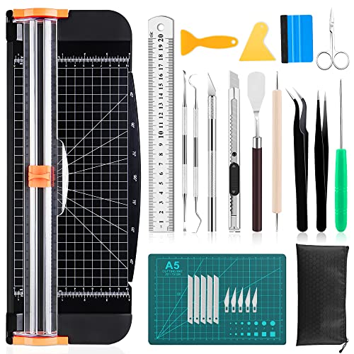 Famomatk 27PCS Craft Weeding Tools for Vinyl Kit,Utility Knife Vinyl Weeding Tool Set with 12Inch Paper Cutter Trimmer for Scrapbooking,Silhouettes,Cameos,DIY Art Crafting,Cutting,Splicing,Cardstock - color: Black