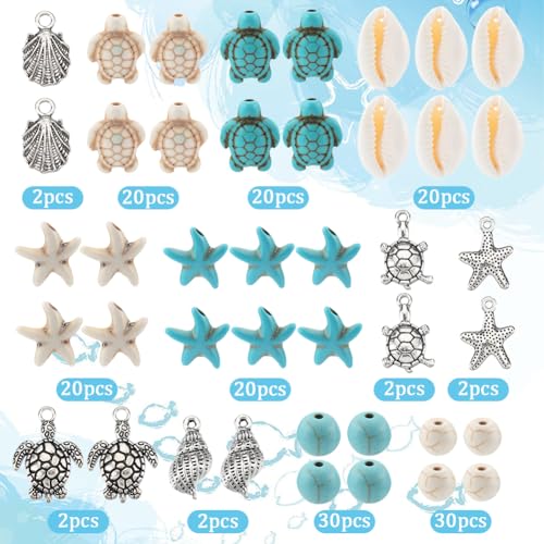 SUNNYCLUE 1 Box 12 Styles Turtle Beads Boho Style Starfish Beads Bulk Blue White Synthetic Turquoise Sea Turtles Charms Hawaii Shell Round Loose Spacers for Jewelry Making Beading Kits - color: Boho Styles Beads Kit-1