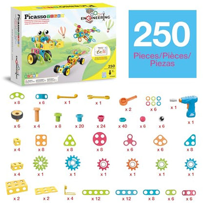 PicassoTiles STEM Learning Toys 250 Piece Building Block Kids Construction Engineering Kit Toy Blocks Children Early Education Playset w/Free IdeaBook, Power Drill, Clickable Ratchet, Age 3+ PTN250 - color: 250pcs Transformation