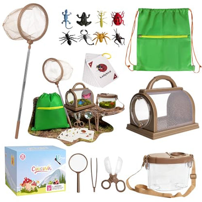 Bug Catcher Kit for Kids Outdoor Explorer Kit with Insect Cage, Observation Box, Magnifying Glass, 8 Toy Bugs, Net & 10 Cards, STEM Educational Toys Gifting for Boys & Girls Ages 3+