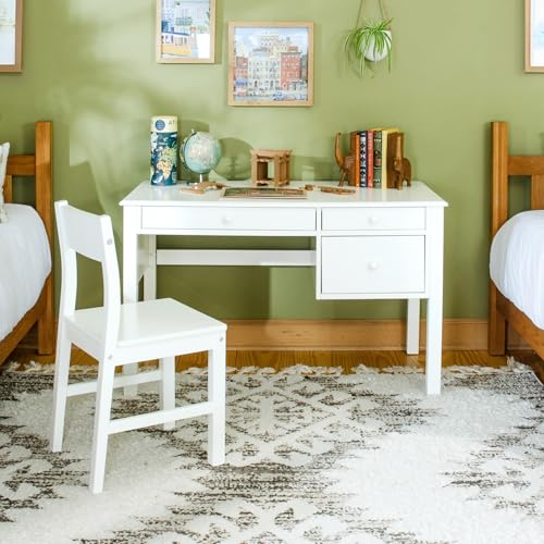 Guidecraft Madison Kids Desk and Chair Set - White: Wooden Table with Storage and Drawers | Children's Workstation, Computer Table and Chair Set for Bedroom Furniture | Study & Activity Desk for Kids - size: Desk and Chair Set