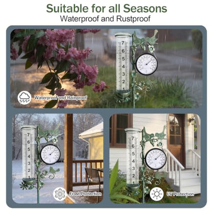 Rain Gauge Best Rated with Thermometer, Freeze Proof & Weatherproof - color: Bird & Flowe (Green)