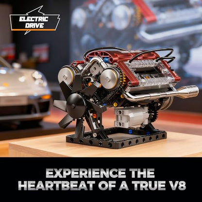 V8 Engine Building Blocks Sets, V8 Engine Model Kit, Runnable Model Engine Building Sets, Mini Engine Kits with Crankshaft & Rotating Fan, for Adults & Kids