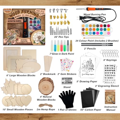 K KERNOWO Wood Burning Kit - 156Pcs All-in-One Wood Burning Tool Pen Adjustable Temperature Wood Burner Kit Crafts Gifts for Adults & Teens, Woodburning Kits for Beginner Pyrography - color: Black