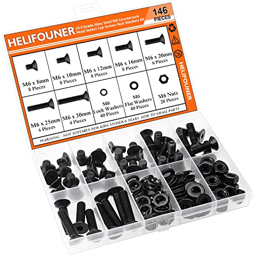 HELIFOUNER 146 Pieces M6 x 8mm /10mm /12mm /16mm /20mm /25mm /30mm, Countersunk Head Socket Cap Screws Bolts Washers Nuts Kit, 10.9 Grade Alloy Steel, Full Threaded, Black - size: M6, style: Countersunk Head
