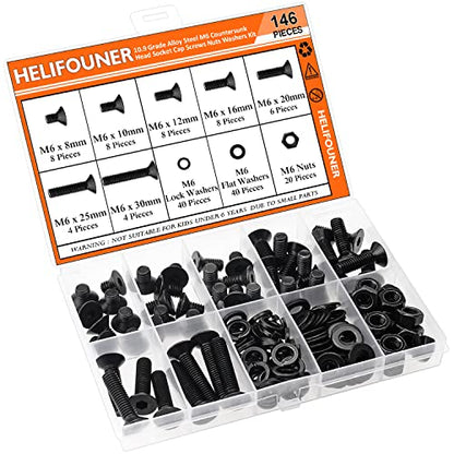 HELIFOUNER 146 Pieces M6 x 8mm /10mm /12mm /16mm /20mm /25mm /30mm, Countersunk Head Socket Cap Screws Bolts Washers Nuts Kit, 10.9 Grade Alloy Steel, Full Threaded, Black - size: M6, style: Countersunk Head