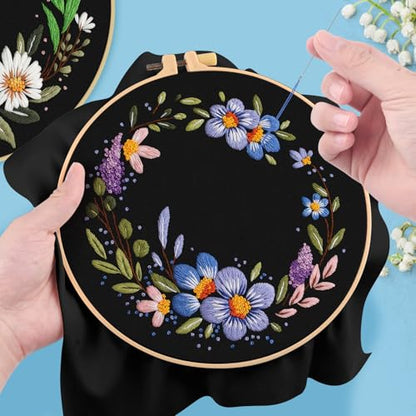 ERKOON 3 Sets Embroidery Kit, Floral Cross Stitch Set for Include Embroidery Cloth Hoops Threads for Craft Lover Hand Stitch (Garlands) - color: Garlands