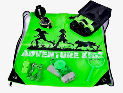 Adventure Kidz Outdoor Exploration Kit, Children’s Binoculars with Case, Flashlight, Compass, Whistle, Magnifying Glass, Backpack. Great Kids Gift Set for Camping, Hiking, STEM and Pretend Play - color: Lime