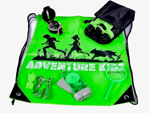 Adventure Kidz Outdoor Exploration Kit, Children’s Binoculars with Case, Flashlight, Compass, Whistle, Magnifying Glass, Backpack. Great Kids Gift Set for Camping, Hiking, STEM and Pretend Play - color: Lime