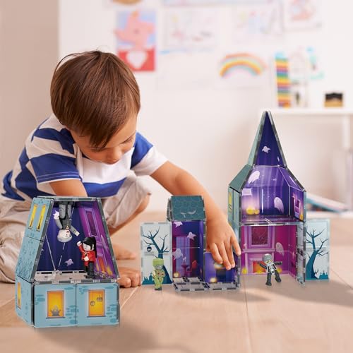 PicassoTiles 57 PCS Magnetic Tiles Halloween Haunted House STEM Set Ages 3+ - color: Haunted House