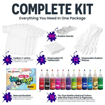 KOOL KRAFTS Tie Dye Kit, All-Inclusive with 12 Vibrant Colors, + 4 White T-Shirts - Perfect for Kids & Adults - Fun Tie Dye Party Supplies, Tie Dye Kits for Children Age 8-12, Tie Dye Kit.