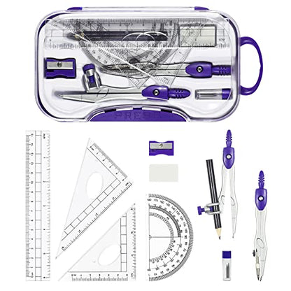 Unjoo Geometry Set 10 Pcs Student Supplies, Protractor and Compass,Purple - color: Purple