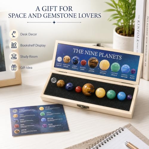 9 Planets Solar System Gemstone Set with Wooden Display Box