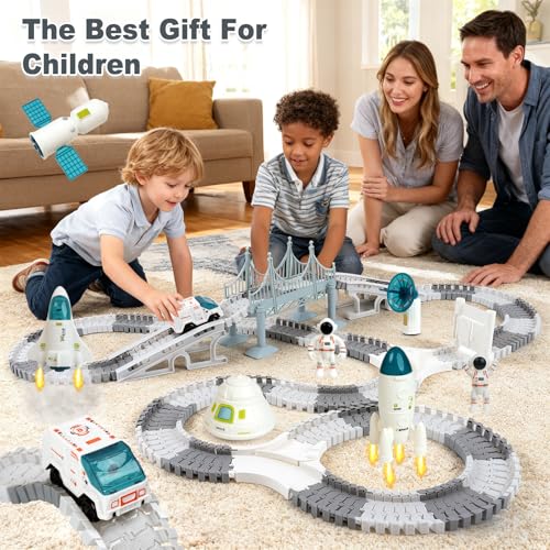 BEMITON Race Track Toy for Kids - Best Birthday Gift for 3 4 5 6 7 Year Old Boys, 290+ PCS DIY Flexible Track Playset, Creative Building Toys - color: White Space Race Track