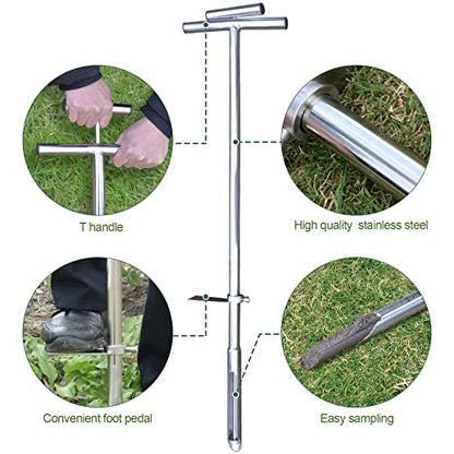 Soil Probe 40 Inch with 2 Bags, Soil Sample Probe with Ejector for Lawn House Plants, T-Handle Soil Sampler Probe Rod with Pedal, Stainless Steel Soil Test Kits Tool for Soil Sampling - size: 40"