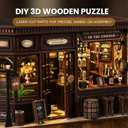 DIY Book Nook Kit LED 3D Wooden Puzzle — Aesthetic Miniature Bookshelf Insert Decor & Diorama Craft Building Kit for Adults, Teens & Home Library | Bookshelf Stand | (Corner Tavern)