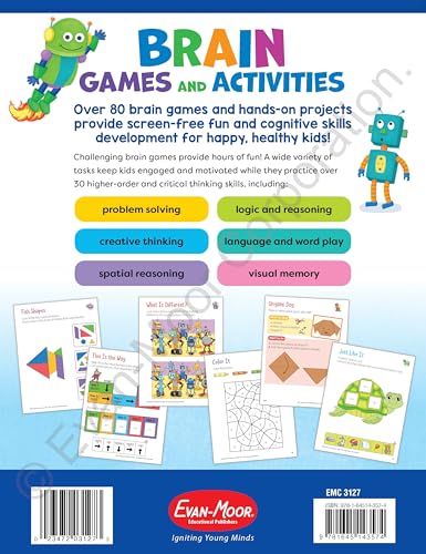 Evan-Moor Brain Games and Activities for Kids, Ages 4-5, Workbook, Hidden Pictures, Mazes, Sticker Activities, Logic Puzzles, Drawing, Critical Thinking, Audio, Alphabet, Word Families, Counting