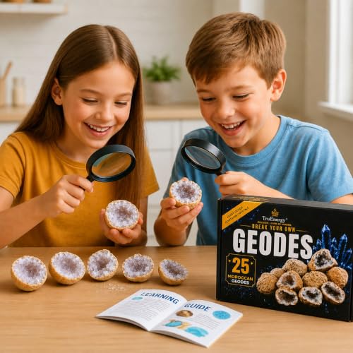 Break Your Own Geodes Kit, 25 Moroccan Geodes 1-1.5", 90% Hollow, Crack Open & Discover Surprise Crystals Inside – Educational Geology Kit, Instructions Included, Party Favors (Small 1–1.5") - size: SMALL (1.0"-1.5")