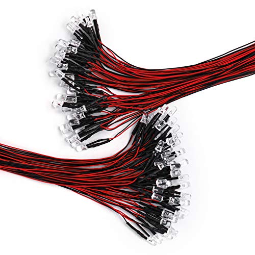DiCUNO 100Pcs 5MM Pre Wired 12V Red Light LED Diodes, with 9.4 Inch Lead - color: Red
