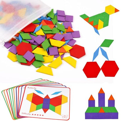 LovesTown Pattern Blocks, Wooden, 150pcs
