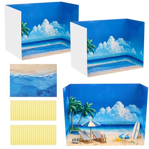 AmazingSpark 2 Set Summer Beach Diorama Box and Sand Sticker Decor, Seaside Diorama Project Supplies Set, Ocean Cardboard Display Case Kit & Waves Sticker with Double Sided Tapes for DIY Crafts - style: Beach