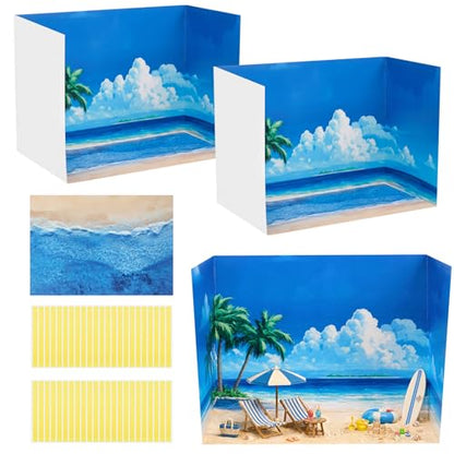 AmazingSpark 2 Set Summer Beach Diorama Box and Sand Sticker Decor, Seaside Diorama Project Supplies Set, Ocean Cardboard Display Case Kit & Waves Sticker with Double Sided Tapes for DIY Crafts - style: Beach