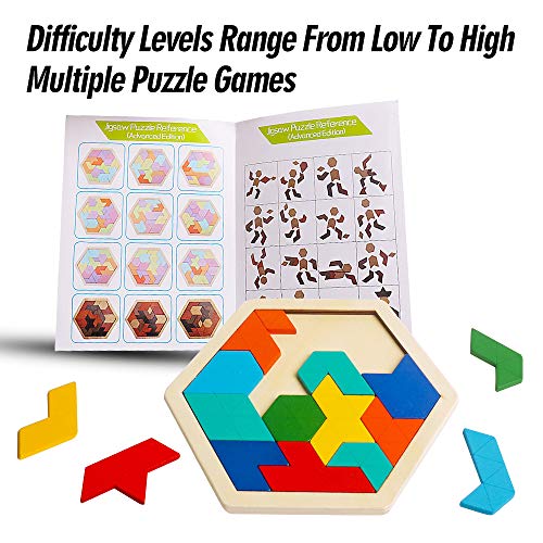 Wooden Hexagon Puzzle, Geometry Logic IQ Brain Blocks for Kids & Adults - style: Puzzle 2- Triangle Rainbow