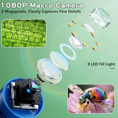 Odatay 1000X Digital Kids Microscope Kit with 12 Slides & 2" Screen, Blue - color: Blue