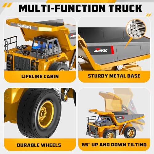 Remote Control Excavator and Dump Truck Toy Set for Kids, 2.4GHz RC Construction Vehicles with Light, Sound Effects, Metal Bucket, Claw and Drill Attachments, Engineering Truck Toys for Boys and Girls
