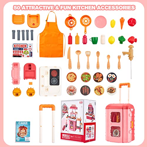 3-in-1 Kids & Toddler Play Kitchen - Interactive Kitchen Playset with Real Cooking Sounds & Lights, 50 Accessories & Flowing Water Feature, Portable Travel Suitcase Design Learning Toys for Ages 2-6 - color: Kitchen Playset