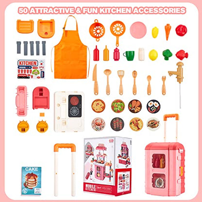 3-in-1 Kids & Toddler Play Kitchen - Interactive Kitchen Playset with Real Cooking Sounds & Lights, 50 Accessories & Flowing Water Feature, Portable Travel Suitcase Design Learning Toys for Ages 2-6 - color: Kitchen Playset
