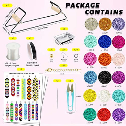 Frame Bead Loom Kit for Beaded Bracelets Earrings Belts Making, Include 17250 Seed Beads 3mm 18 Colors and 150 Meter Clear String, Beading Trays, Needles, with Instruction, DIY Boho Jewelry