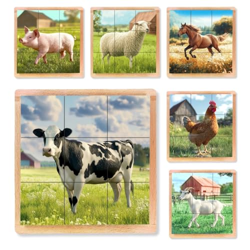 6-in-1 Wooden Animal Puzzle – Montessori Cube Toy for Kids – Realistic Farm Animals Educational Wood Blocks for Children Ages 3 and Up - style: Farm Animals