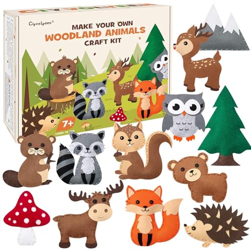 CiyvoLyeen Woodland Animals Craft Kit Kids DIY Crafting and Sewing Set Woodland Animals Felt Plushie for Girls and Boys Educational Beginners Sewing Set Sewing Kits for Kids Age 8 9 10 11 12 - color: Forest animals-12 Pcs